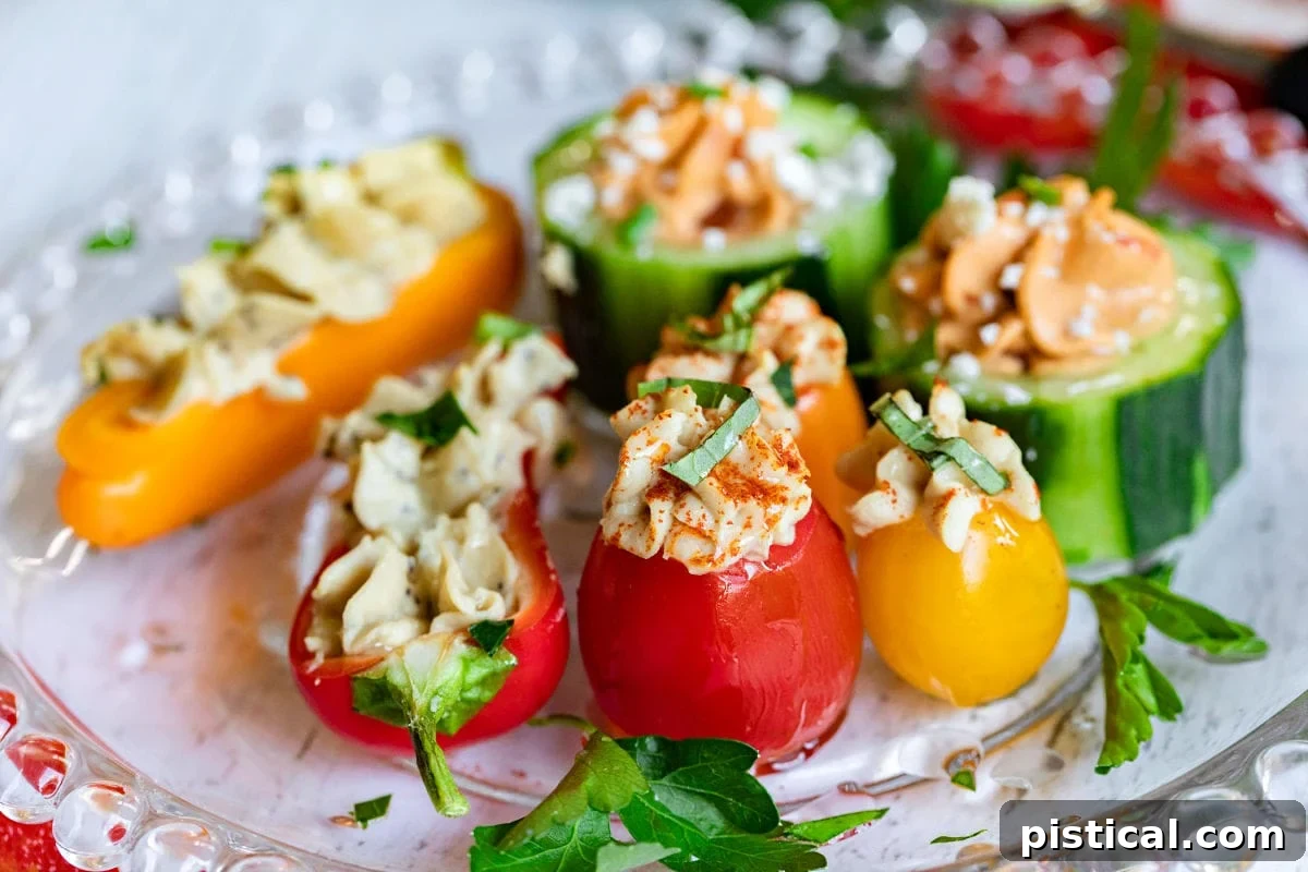 A plate of meticulously prepared hummus stuffed veggies, drizzled with olive oil, showcased against a simple background.