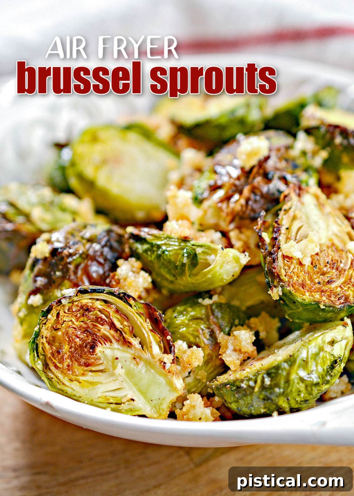 Addictive Air Fryer Brussels with Garlic and Parmesan 2 A bowl of crispy Air Fryer Brussel Sprouts seasoned with garlic and Parmesan