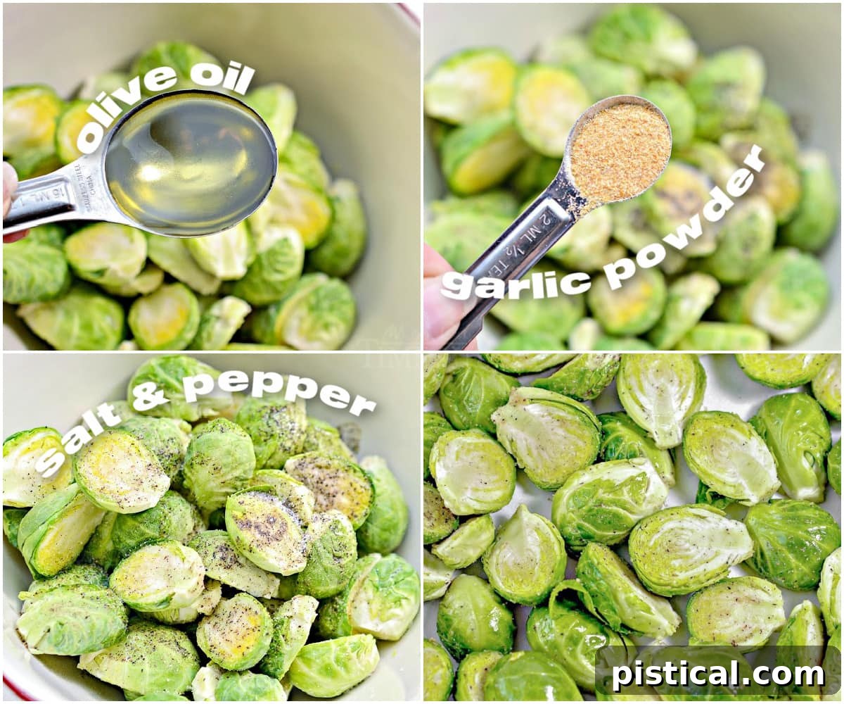 Addictive Air Fryer Brussels with Garlic and Parmesan 4 A four-image collage demonstrating the seasoning process for air fryer brussels sprouts