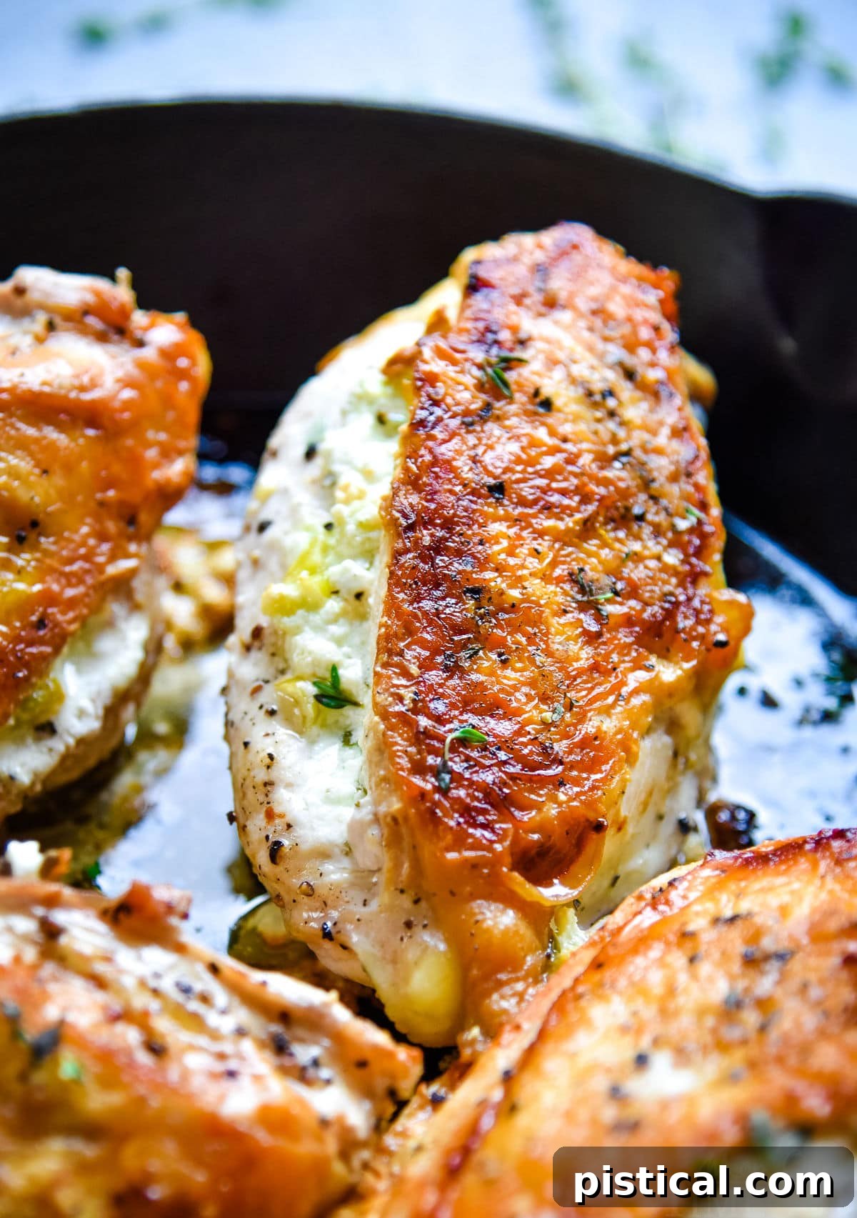 Pan-seared chicken breast stuffed with goat cheese in a cast iron skillet