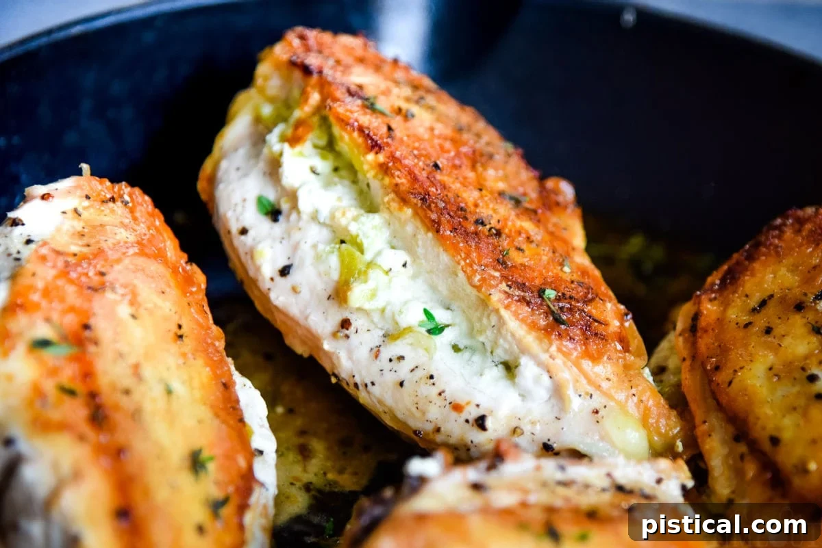 Close-up of chicken breasts stuffed with pepperoncini and goat cheese, showing the golden-brown crispy skin