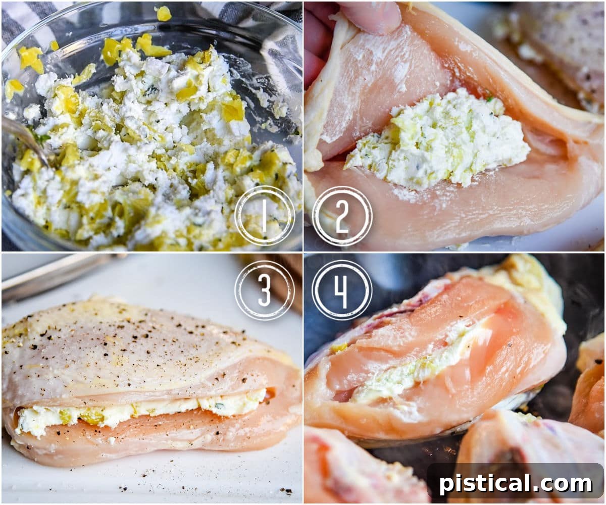 A four-image collage demonstrating the steps to make goat cheese stuffed chicken: mixing filling, cutting chicken, stuffing, and searing.
