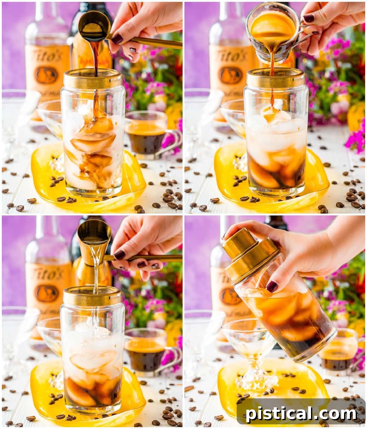 A four-image collage demonstrating the step-by-step process of making an Espresso Martini, showing each ingredient being added to a cocktail shaker, emphasizing clarity and ease of preparation.