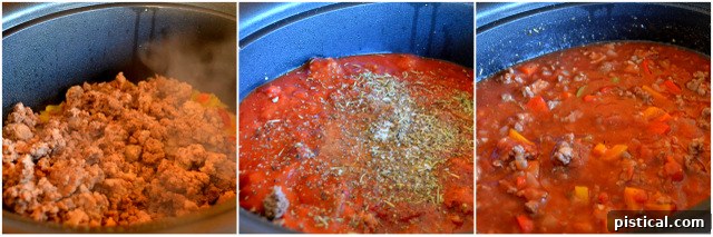 Close-up of Slow Cooker Spaghetti sauce simmering