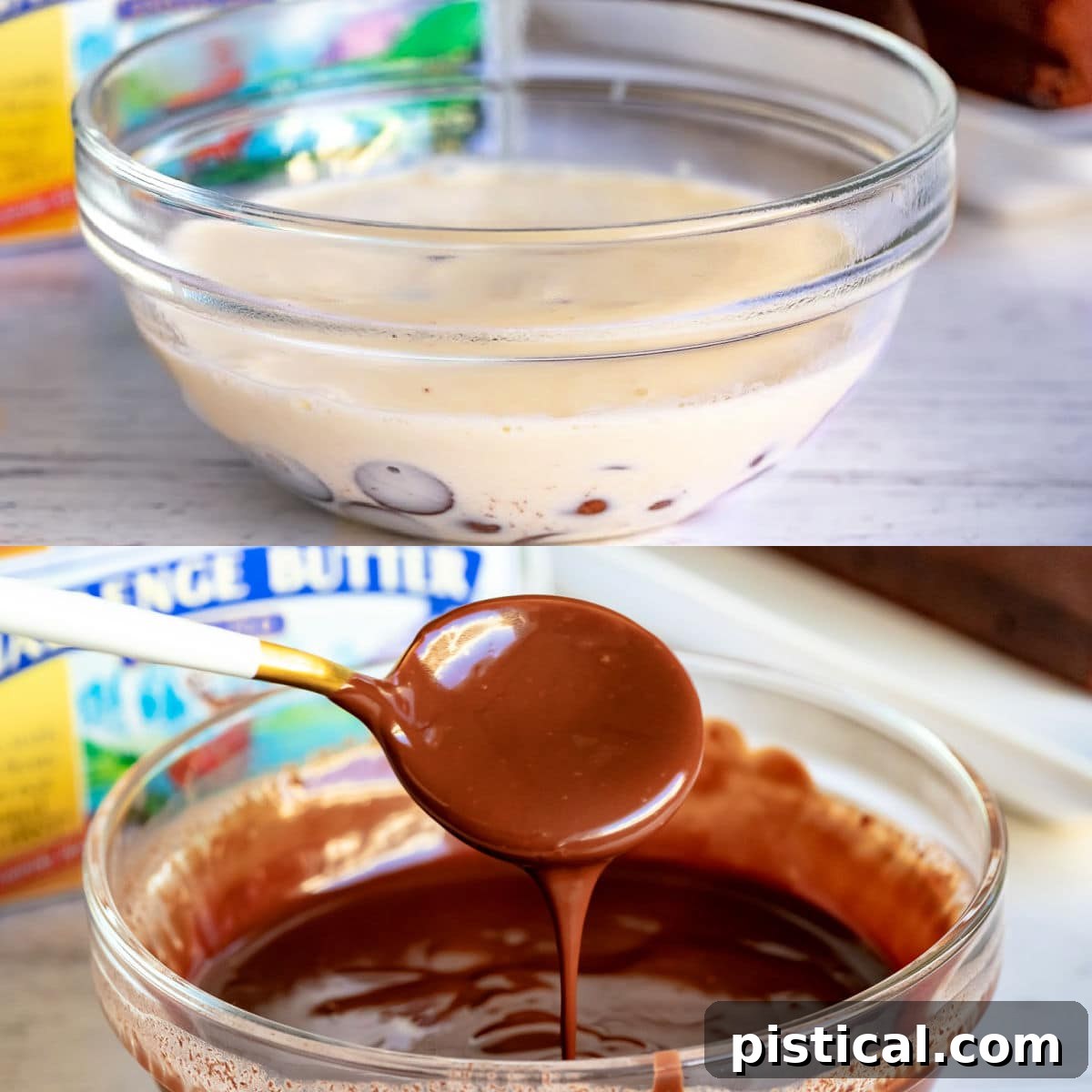 Decadent Chocolate Loaf 8 A two-image collage illustrating the simple process of making a rich chocolate ganache glaze, showcasing the ingredients melting into a smooth, glossy consistency.