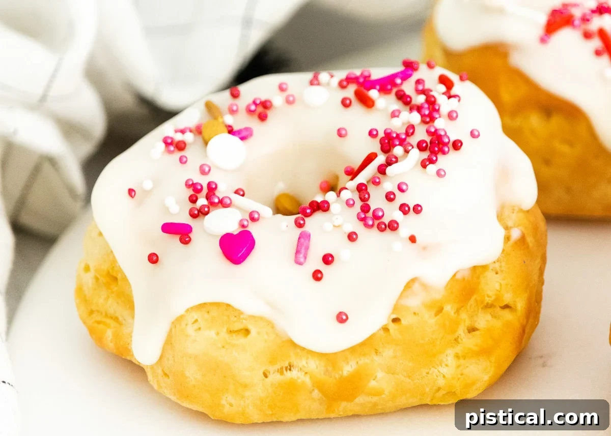 Easy Air Fryer Biscuit Donuts 3 Close-up of an air fryer biscuit donut generously topped with vanilla glaze and colorful sprinkles.