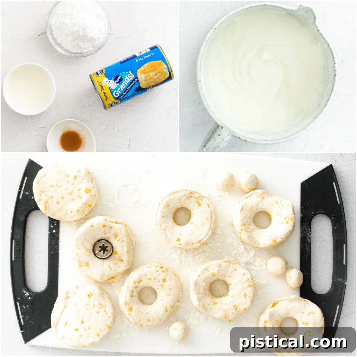 Easy Air Fryer Biscuit Donuts 6 A three-image collage illustrating the process of preparing air fryer donuts, from cutting biscuit dough to mixing vanilla glaze.