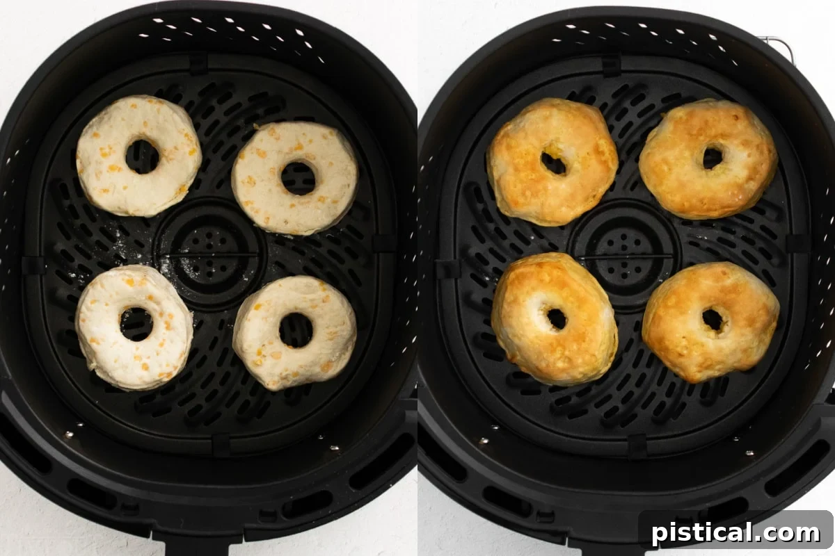 Easy Air Fryer Biscuit Donuts 7 A two-image collage demonstrating the air frying process, with four donuts cooking to perfection in an air fryer basket.