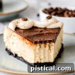 piece of cheesecake on pottery plate topped with ganache and frosting