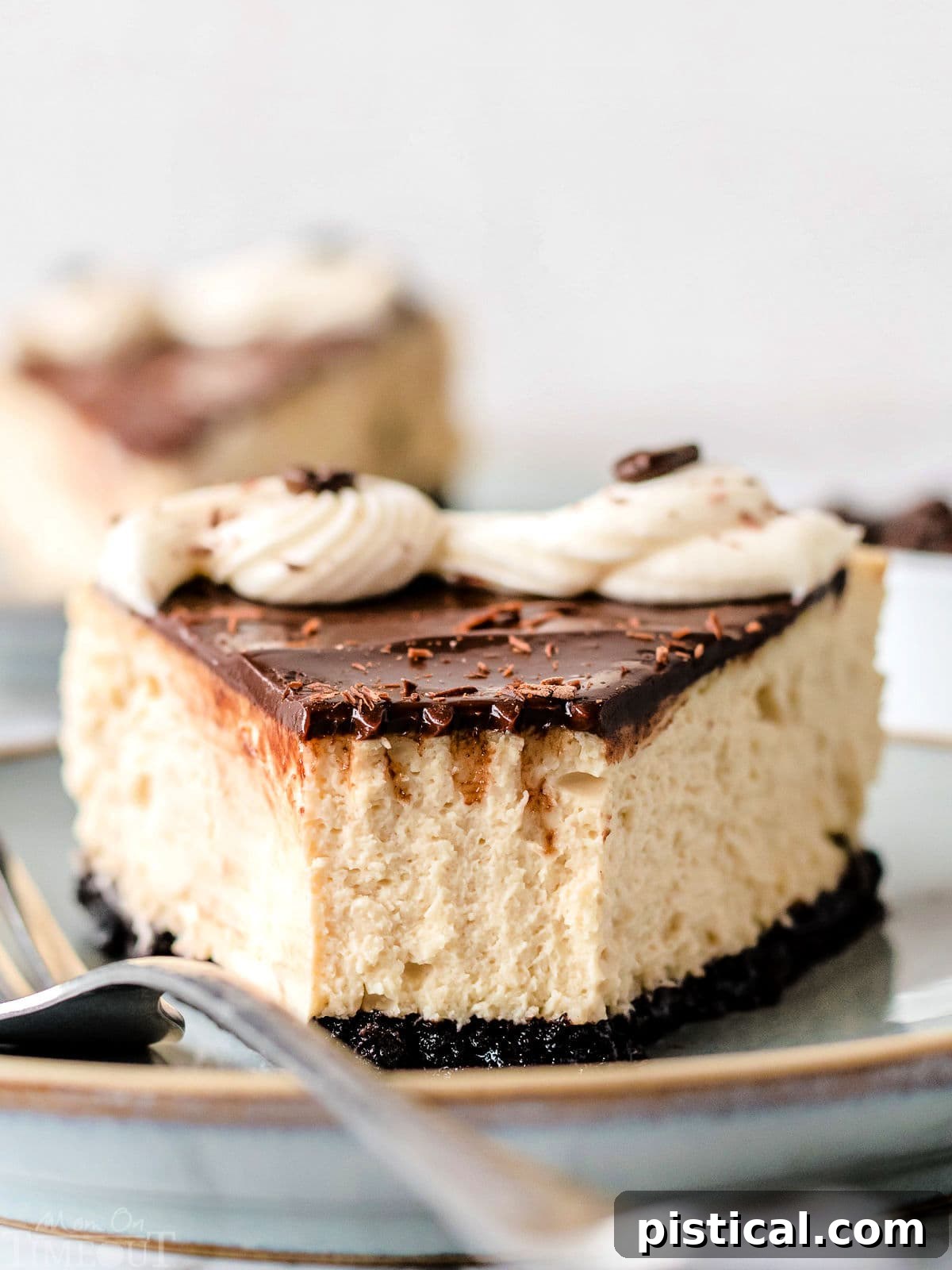 A close-up view of a perfectly sliced piece of espresso cheesecake, beautifully topped with dark chocolate ganache and a whimsical swirl of cream cheese frosting.