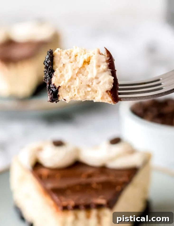 A fork lifts a delectable bite of espresso cheesecake, revealing its creamy texture and the layers of topping, poised above a full slice of the cake.