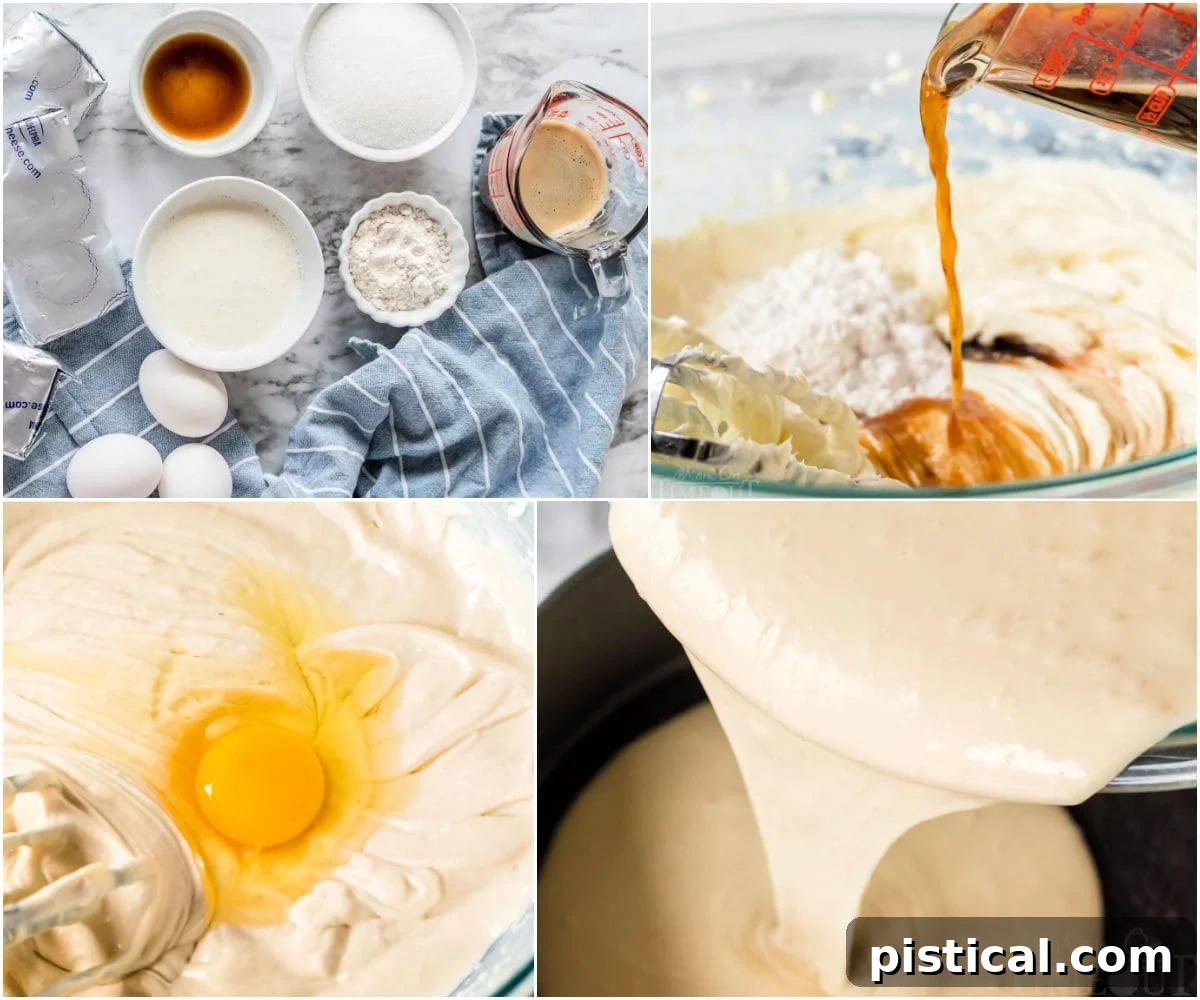 A four-image collage demonstrating the key steps of making an espresso cheesecake, from crust preparation to filling and baking.