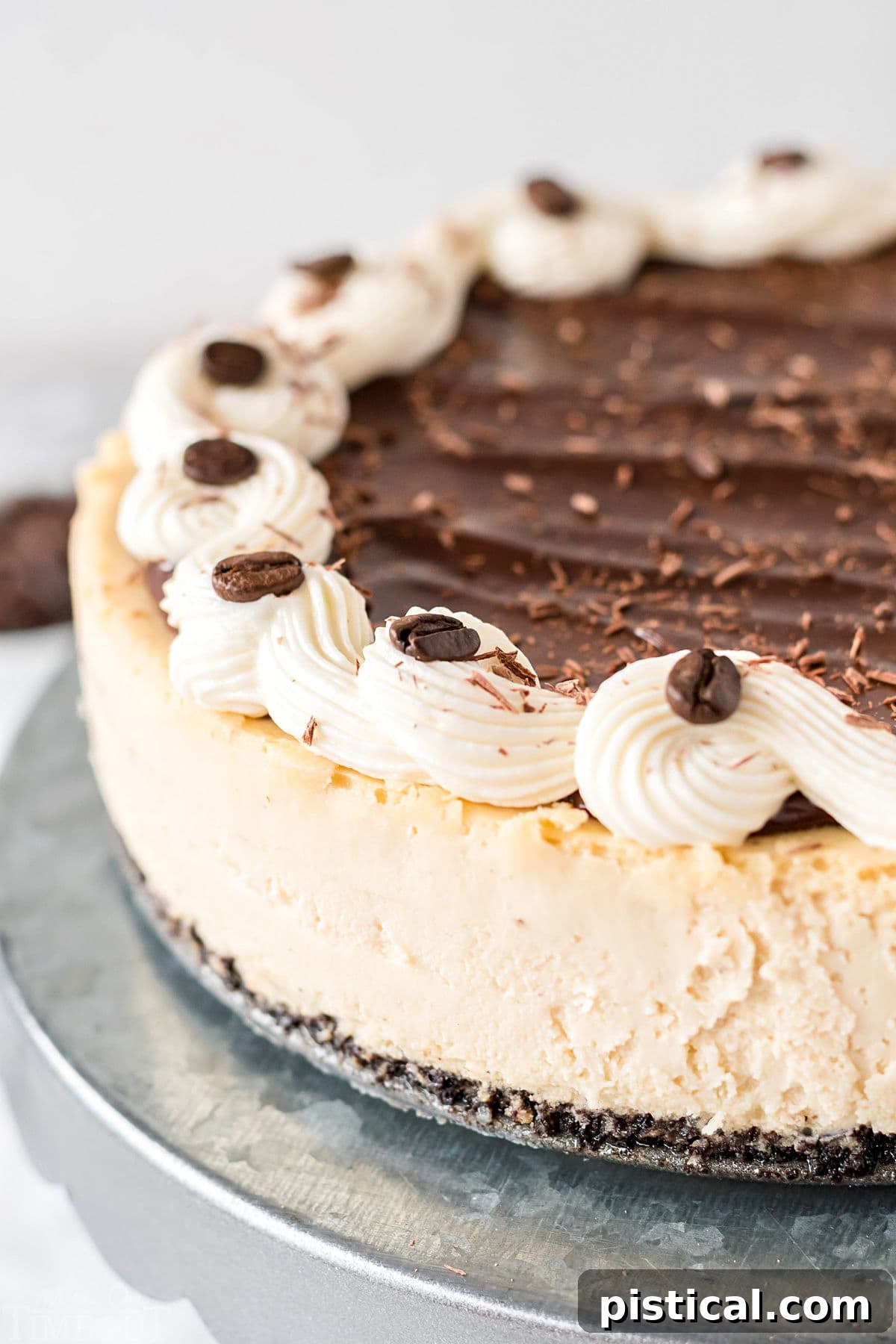A whole espresso cheesecake, lavishly decorated with a swirl of cream cheese frosting, a glistening chocolate ganache layer, and topped with whole espresso beans for garnish.