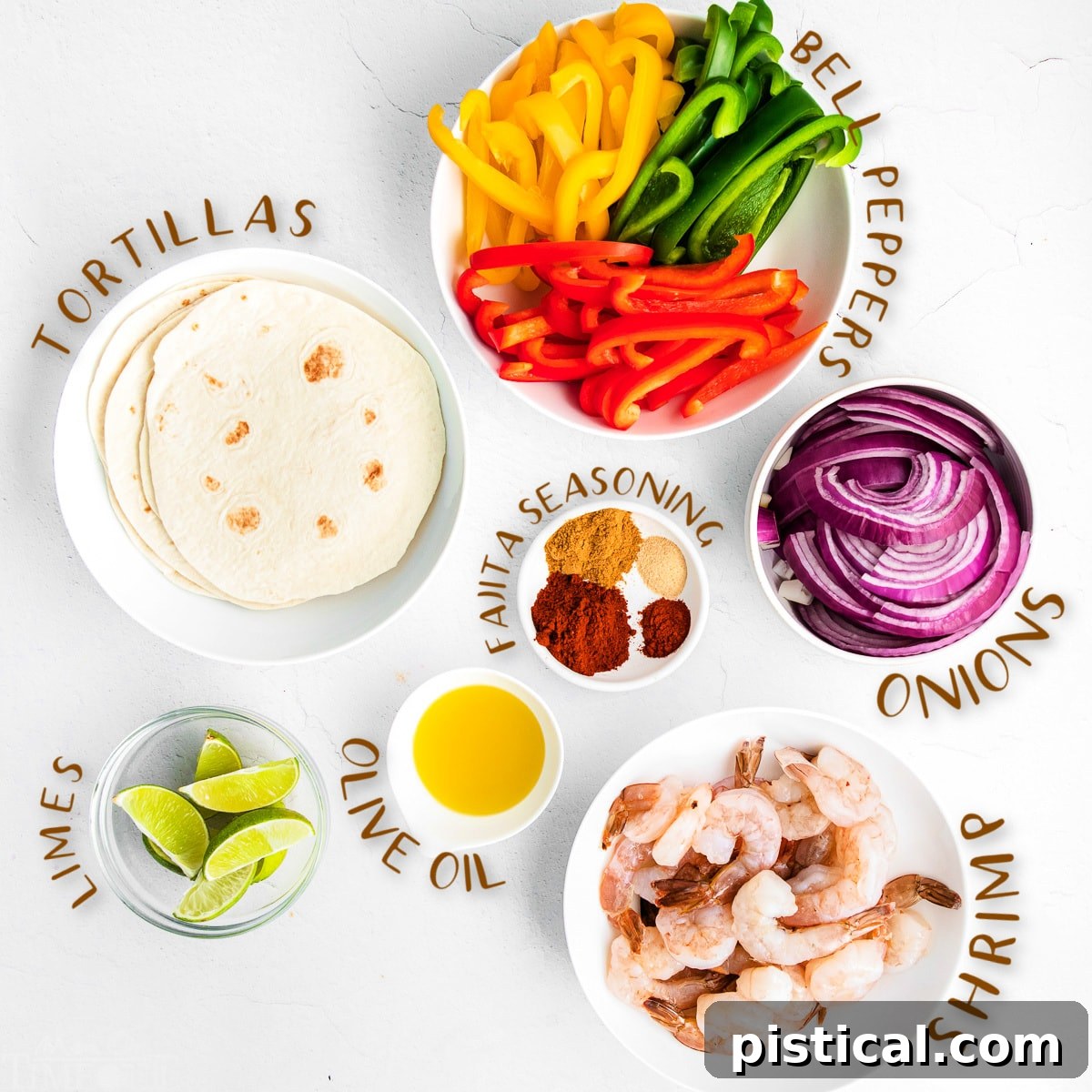 Sizzling Sheet Pan Shrimp Fajitas 5 fajita ingredients all measured out in small bowls on white surface.