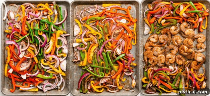 Sizzling Sheet Pan Shrimp Fajitas 6 three image collage showing fajita veggies being cooked on a sheet pan