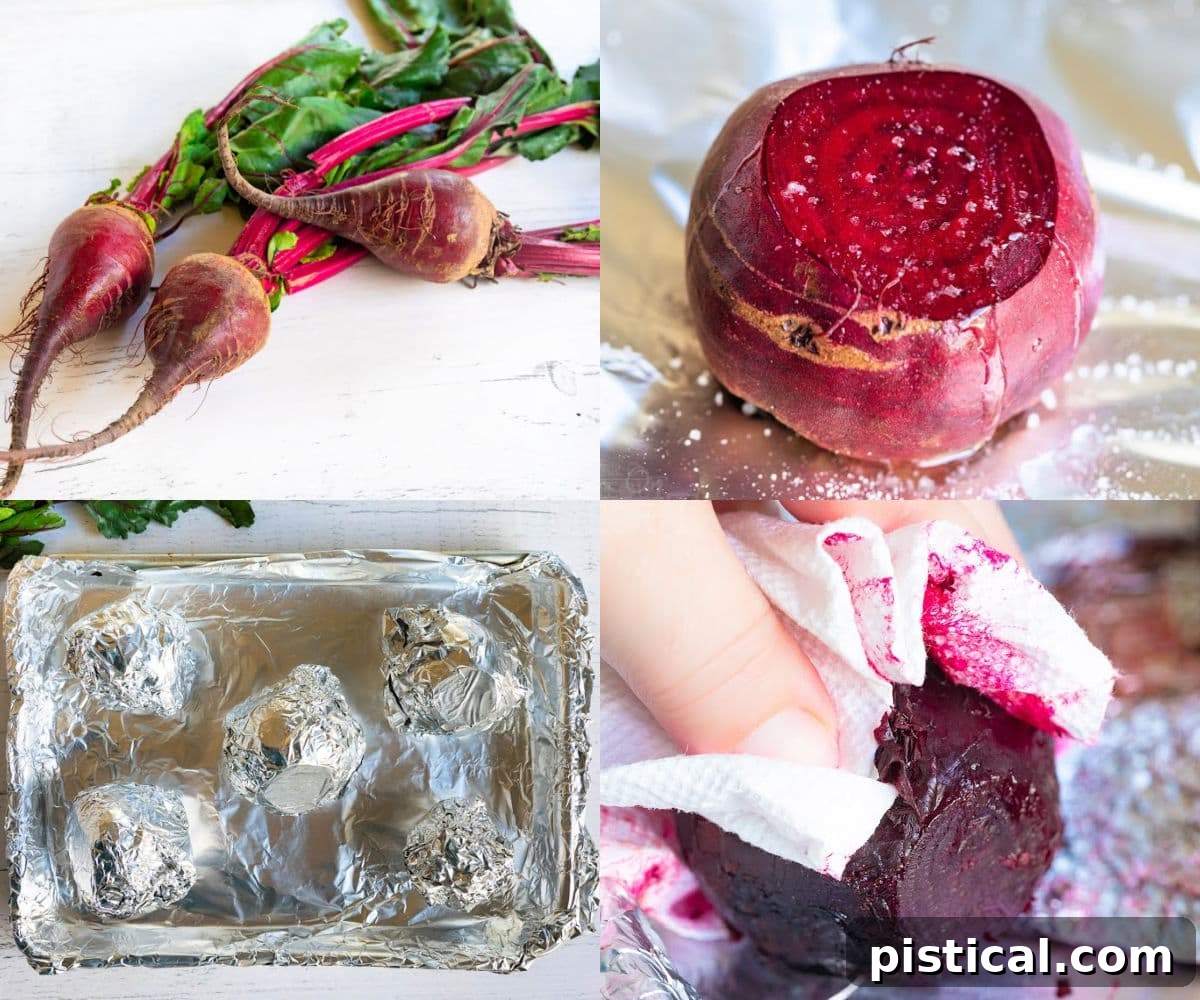 How to Make Perfect Roasted Beets 5 A four-image collage illustrating the step-by-step process of preparing beets for roasting: scrubbing, trimming, seasoning, and wrapping in foil.
