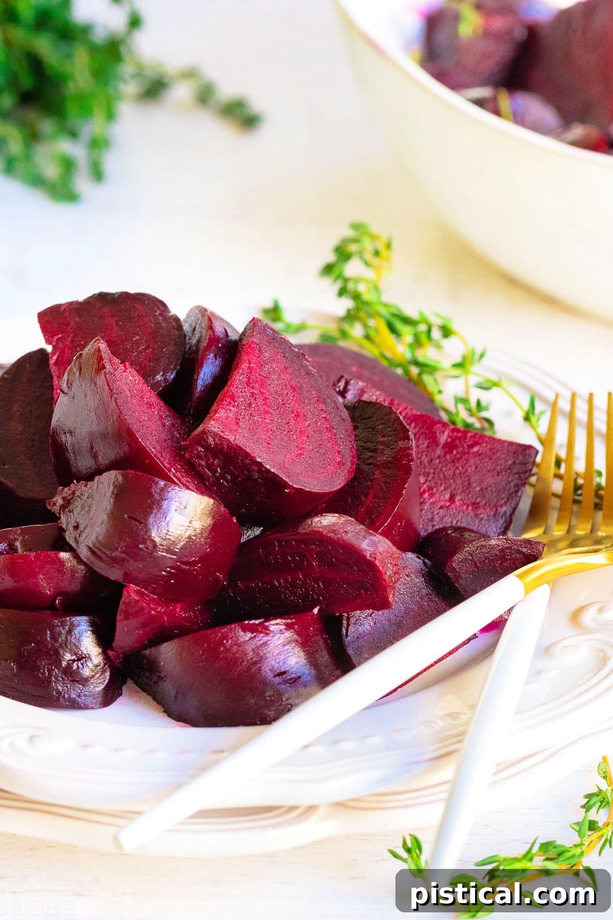 How to Make Perfect Roasted Beets 7 Roasted beets, cut up and beautifully arranged on a white plate, with fresh thyme in the background as a garnish.