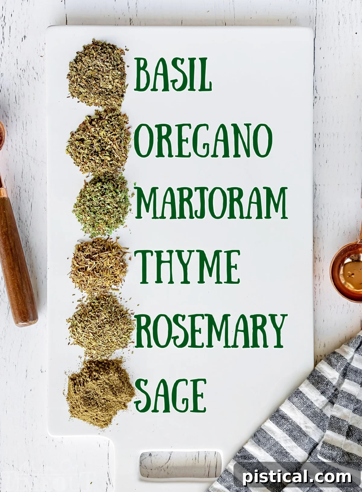 Italian seasoning ingredients, measured out on a white cutting board with labels.