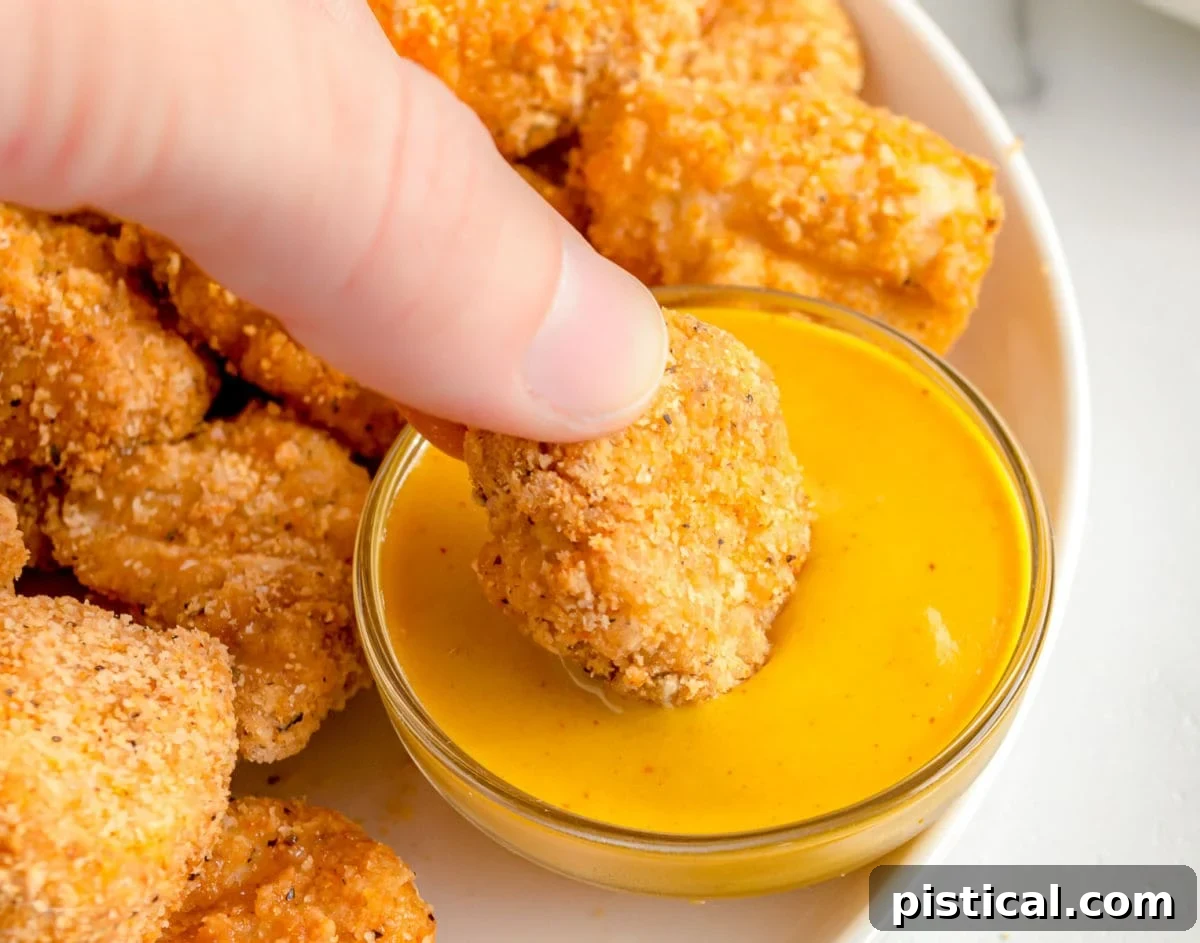 chicken nuggets being dipped in honey mustard sauce.