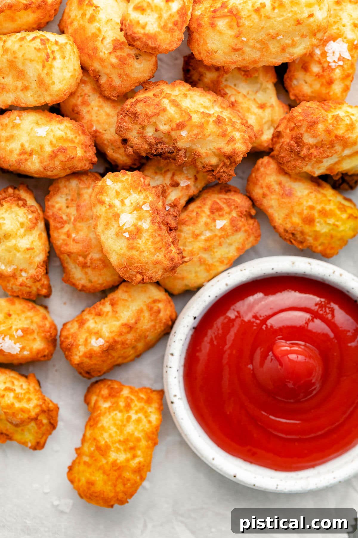 A close-up view of golden crispy tater tots, glistening and ready to be dipped into a bowl of ketchup.