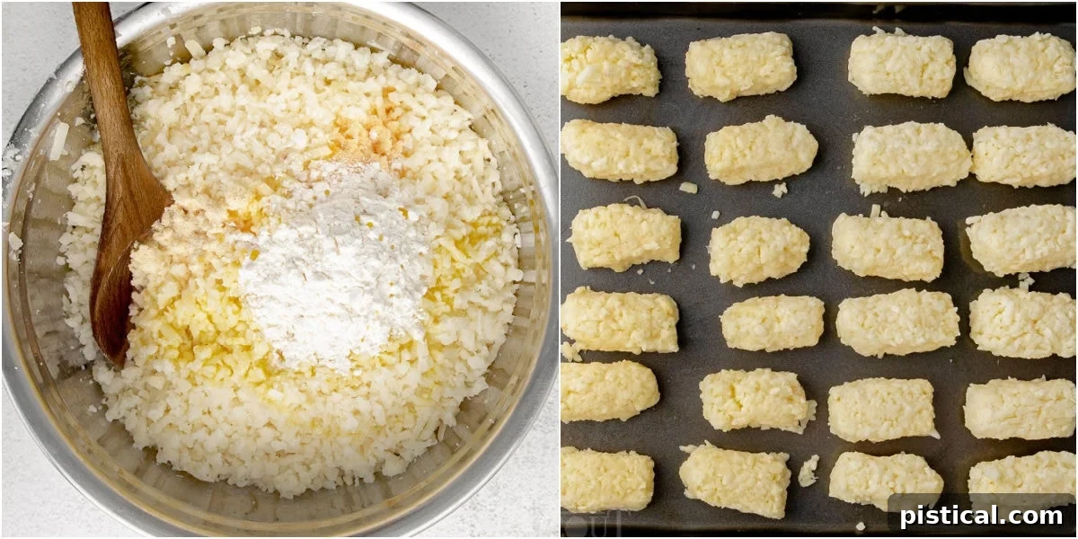 Hands demonstrating the process of making and forming homemade tater tots into their characteristic shape.