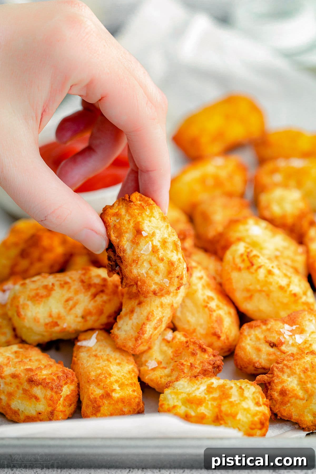 A hand reaching to pick up a single crispy tater tot from a sheet pan filled with perfectly cooked tots.