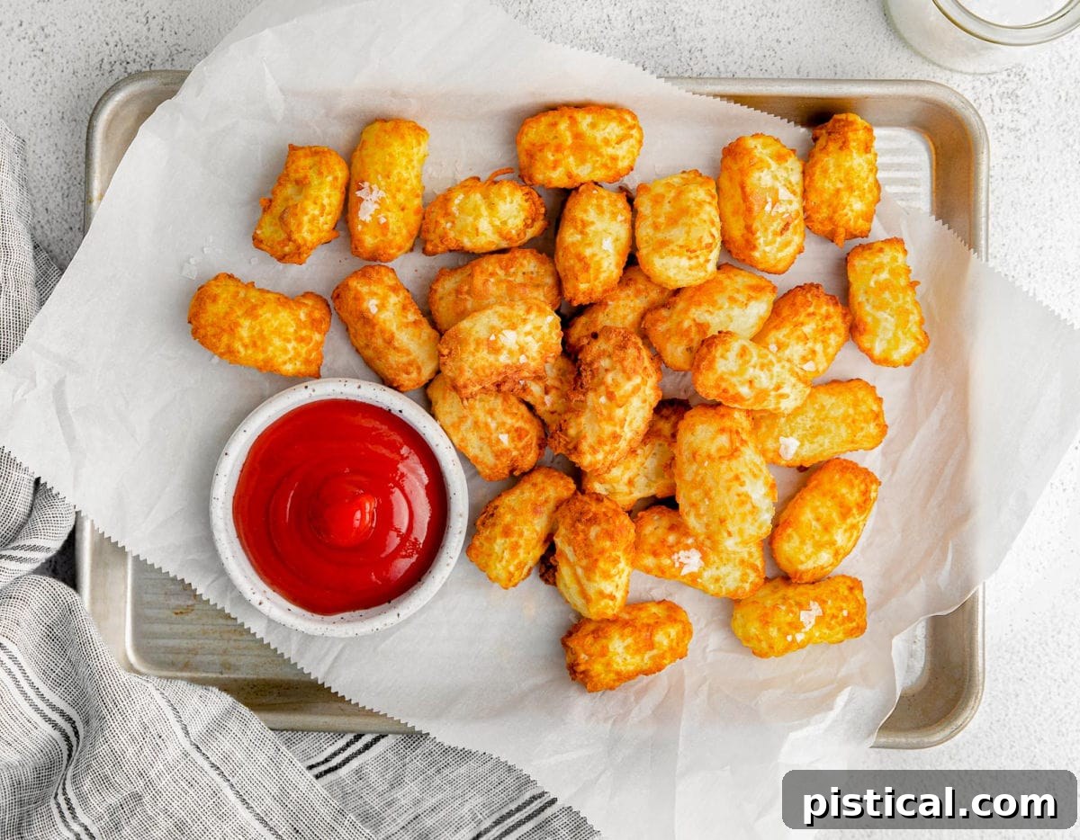 A top-down view of perfectly air-fried tater tots arranged on white parchment paper, with a bowl of ketchup positioned to the side for dipping.