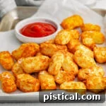 Crispy tater tots ready to be enjoyed, with a small bowl of ketchup nearby.