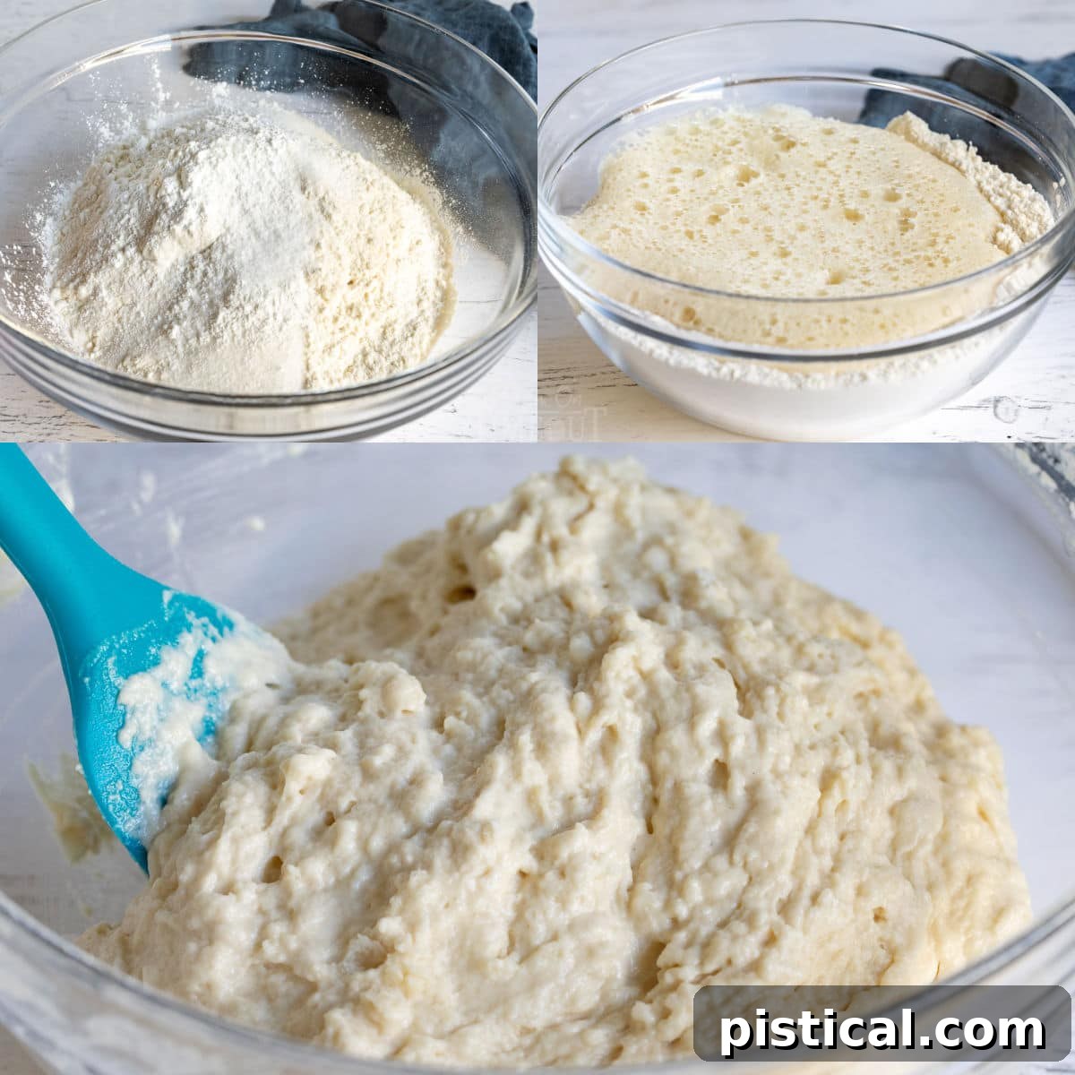 A four-panel collage demonstrating the simple steps to make beer bread: mixing dry ingredients, adding beer and butter, transferring to loaf pan, and topping with butter slices.