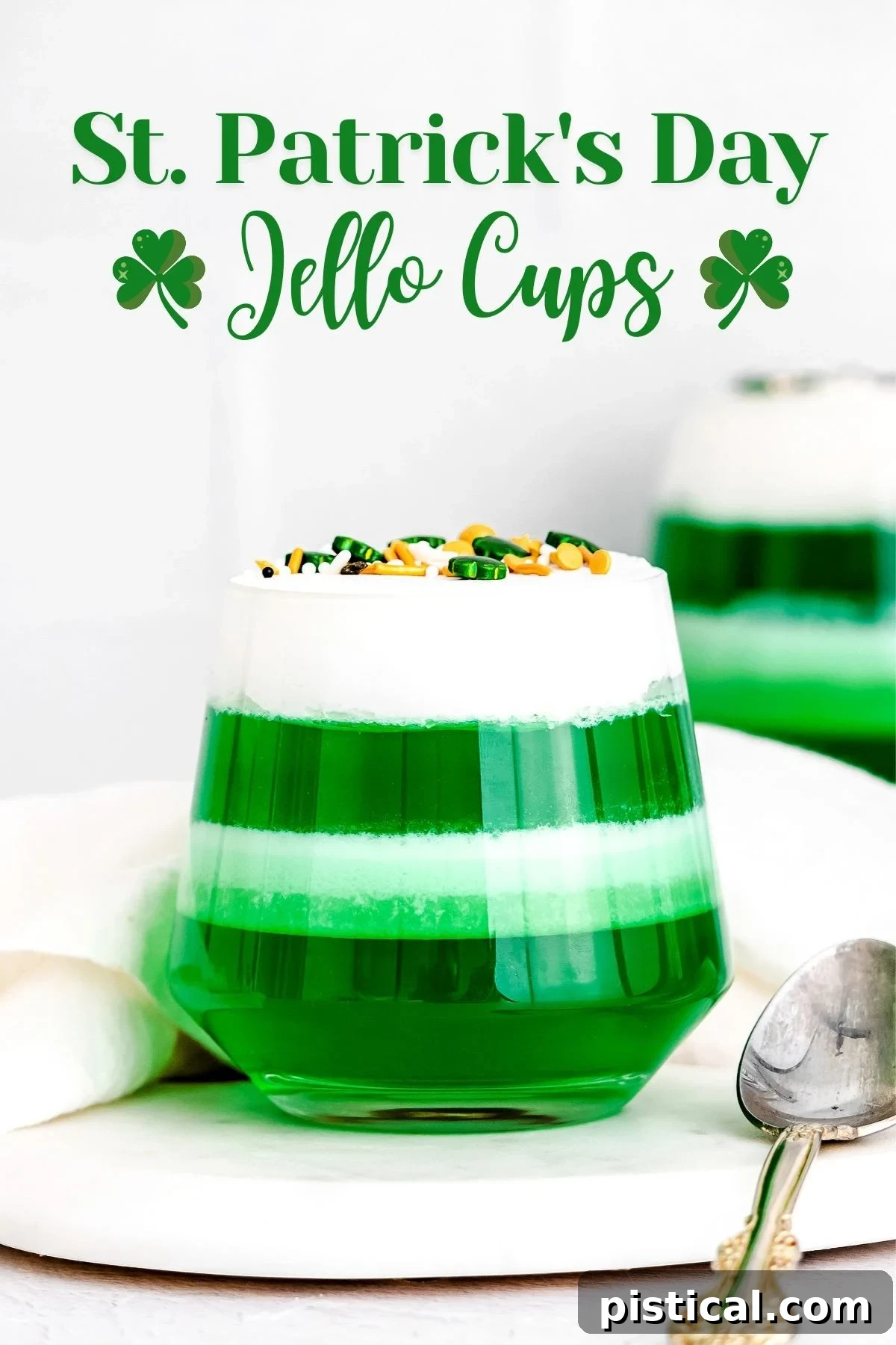 layered jello cups with green jello and cool whip with title overlay at top.