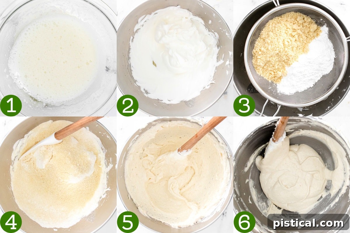 Baileys Macarons 5 A four-image collage demonstrating the key stages of making macaron batter, from whisking meringue to the final smooth, flowing macaronage consistency.