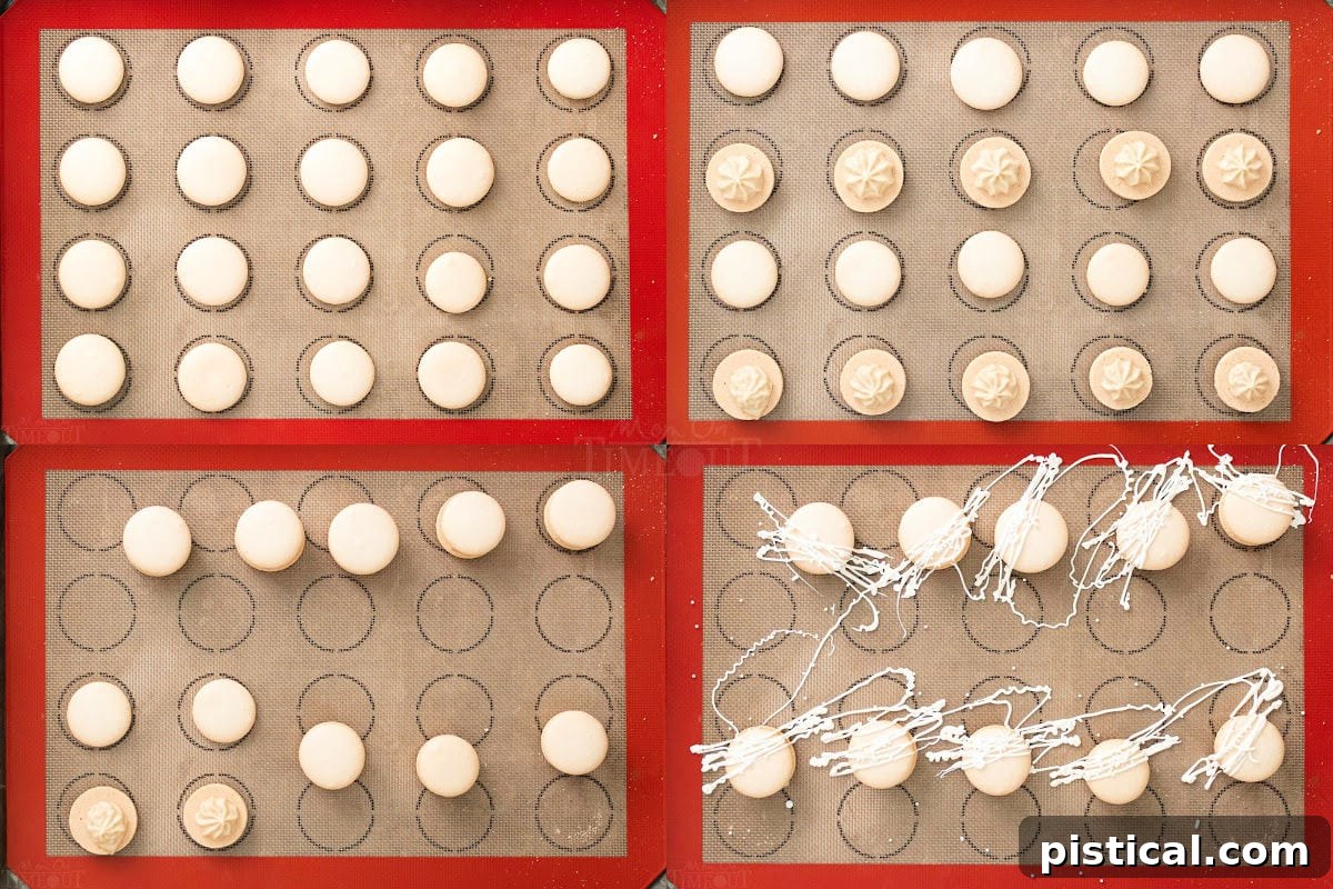 Baileys Macarons 7 A four-image collage illustrating the process of assembling macarons, from matching shells to piping filling and gently pressing them together.