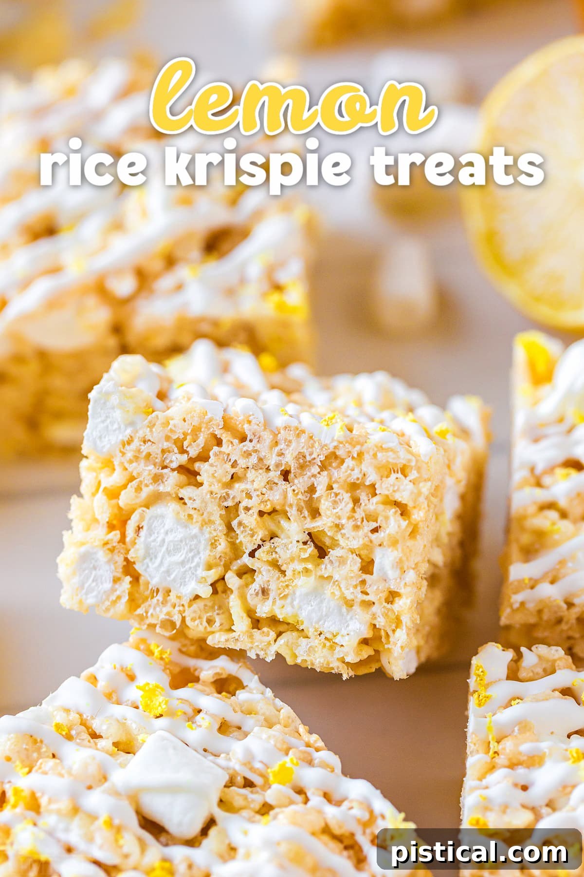 Zesty Lemon Krispie Squares 2 A perfectly cut square of lemon rice krispie treat adorned with fine lemon zest and a delicate white drizzle, set against a light background.