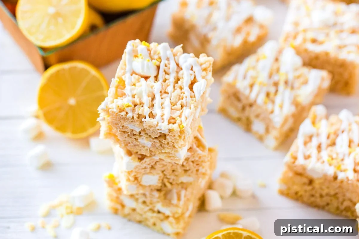 Zesty Lemon Krispie Squares 4 A top-down shot revealing three neatly stacked lemon rice krispie treats, with several more cut squares arranged invitingly to the side.