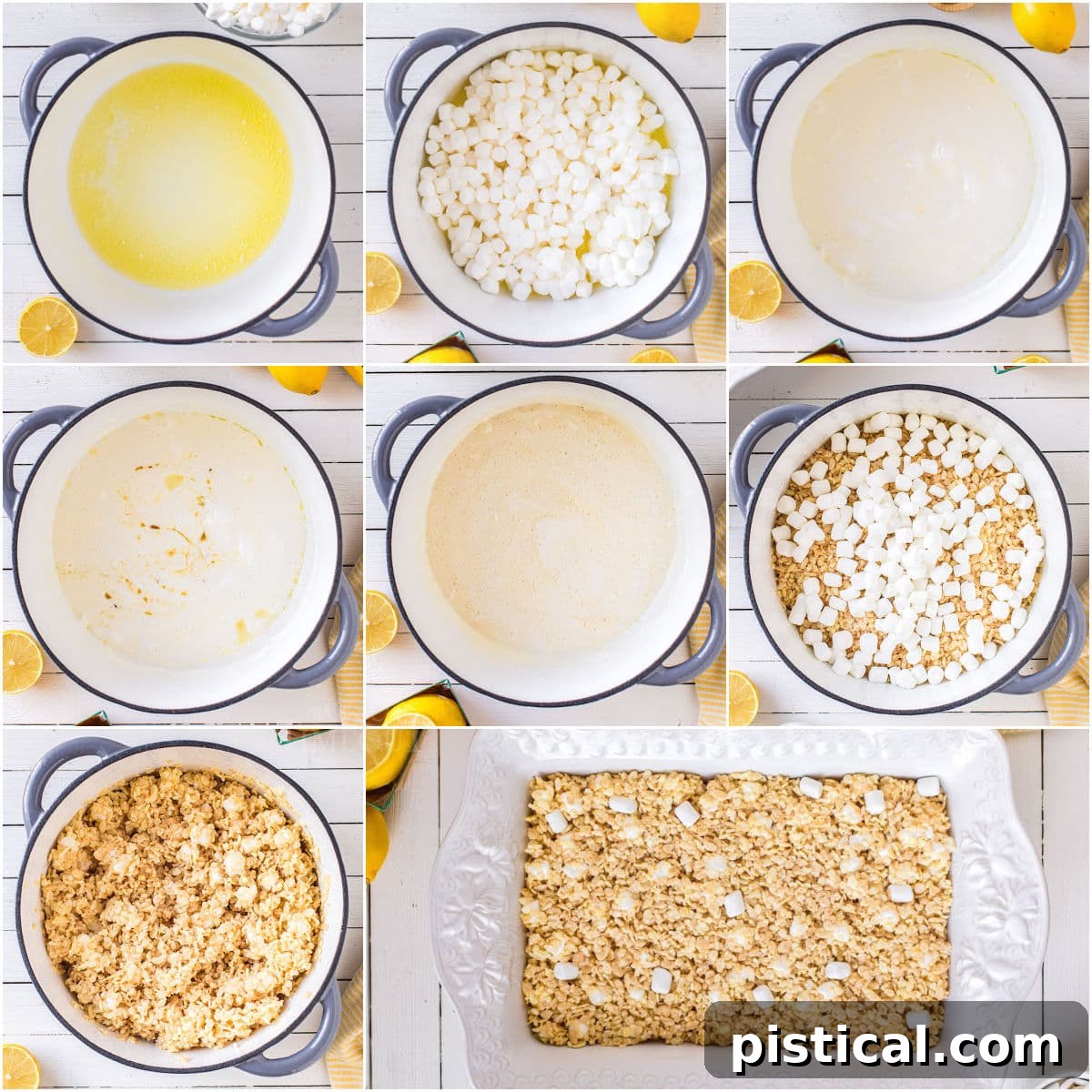 Zesty Lemon Krispie Squares 6 A visual collage illustrating the eight simple steps to prepare delicious lemon rice krispie treats, from melting butter to final chilling.