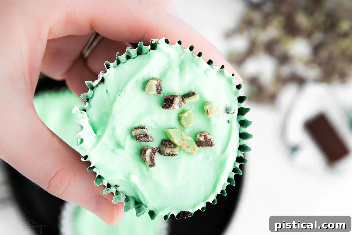 A mini mint cheesecake, elegantly garnished with Andes mint chips, being held delicately, highlighting its vibrant green color and enticing texture.