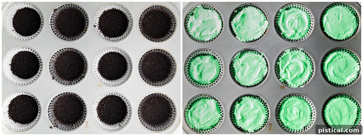 A two-image collage illustrating the process: one showing the OREO crust mixture being pressed into muffin liners, and the other displaying the mini cheesecakes setting in the pan.