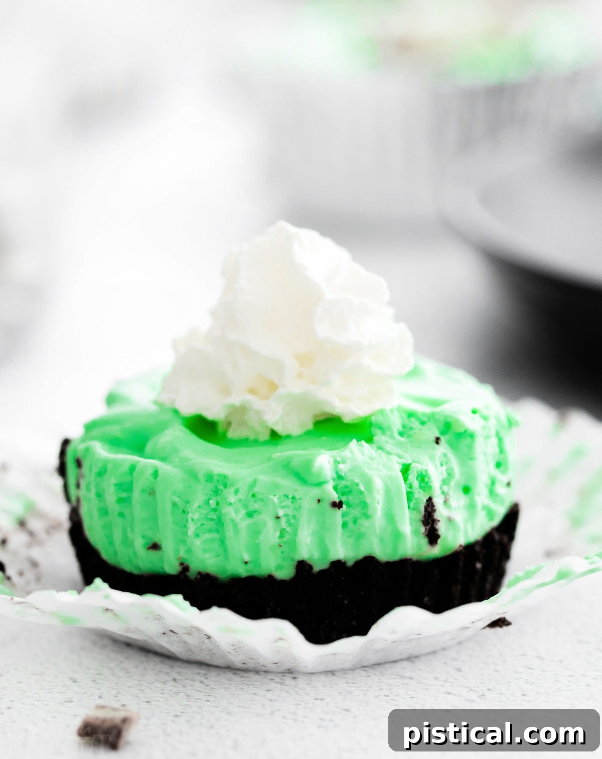 A delectable mini cheesecake infused with crème de menthe liqueur, featuring a rich OREO crust and crowned with a generous swirl of whipped cream, ready for a taste.