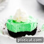 A single Grasshopper Mini Cheesecake, unwrapped with whipped cream on top, sitting on a white surface.