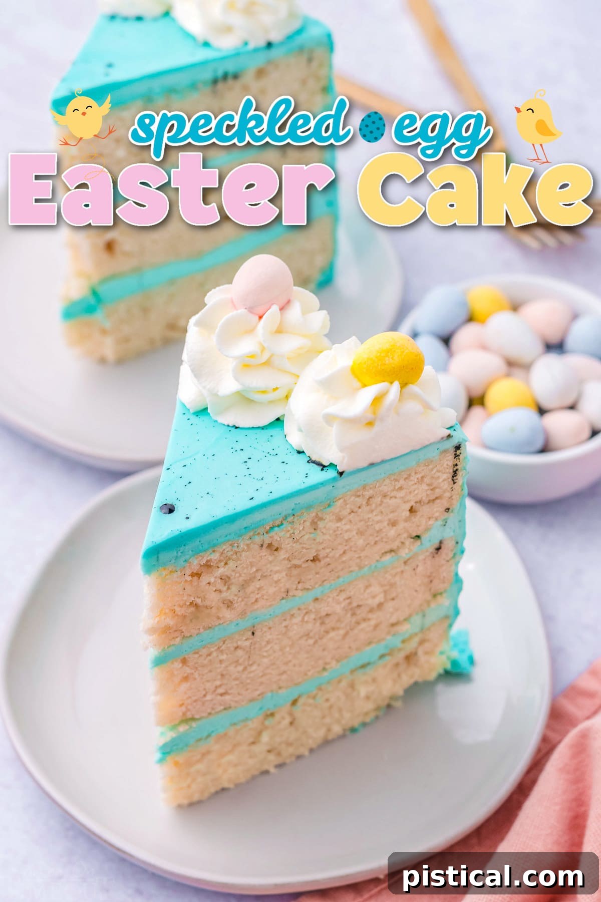 two slices of easter cake with bright blue frosting decorated with cadbury eggs. title overlay at top of image.