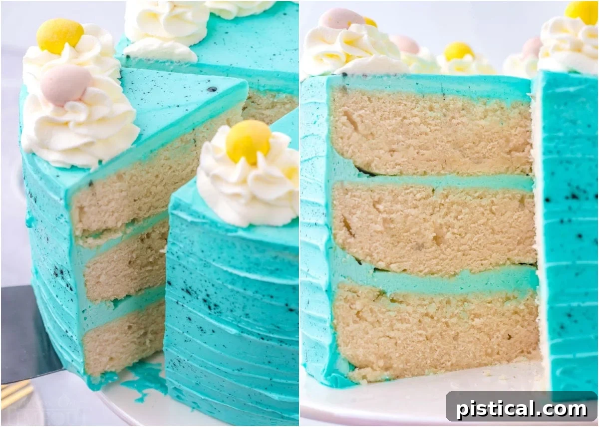 two image collage showing a slice of cake being pulled away from the cake and a close up of the interior of the cake.