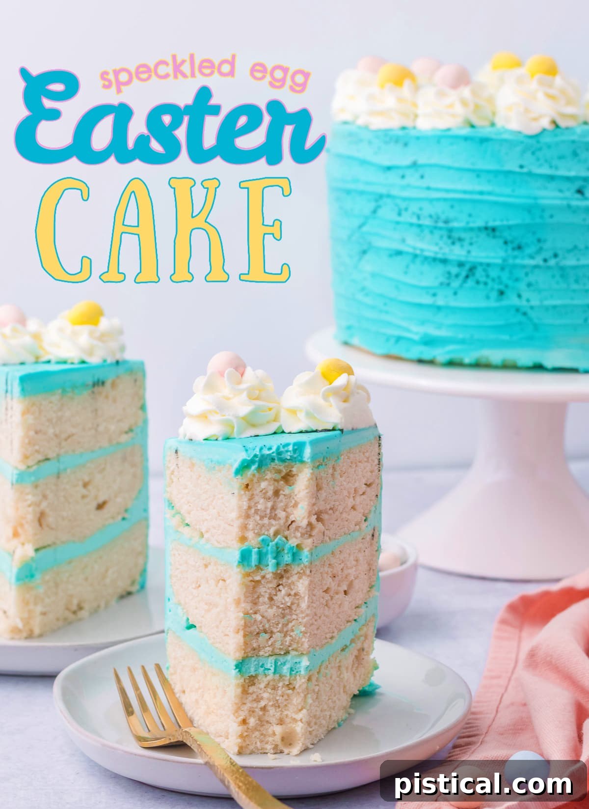 slice of vanilla cake with turquoise frosting and easter eggs on top with whole cake in background and title overlay at top of image.