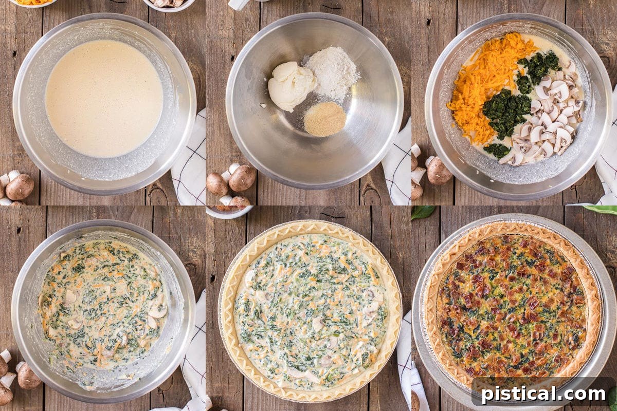 A six-image collage illustrating the key steps involved in making the perfect Spinach Quiche.