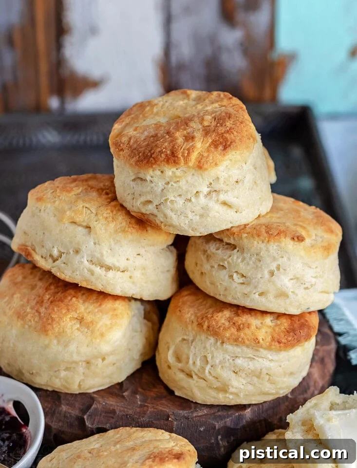 golden brown biscuits stacked high on wood board.