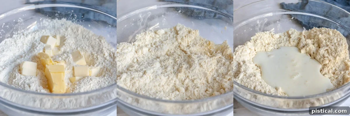 3 image collage showing how to make biscuit dough.