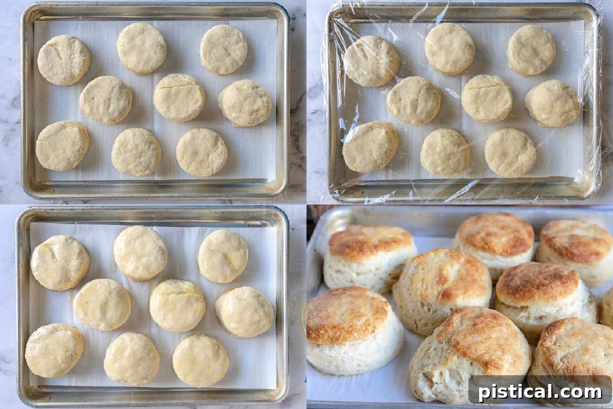 4 image collage of biscuits cut out on sheet pan rising and then baked.