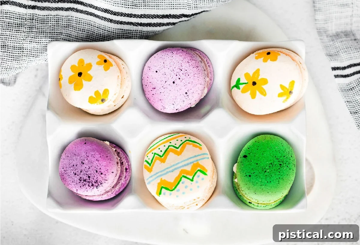 Pastel Easter Macarons 6 top down look at 6 decorated easter egg macarons.