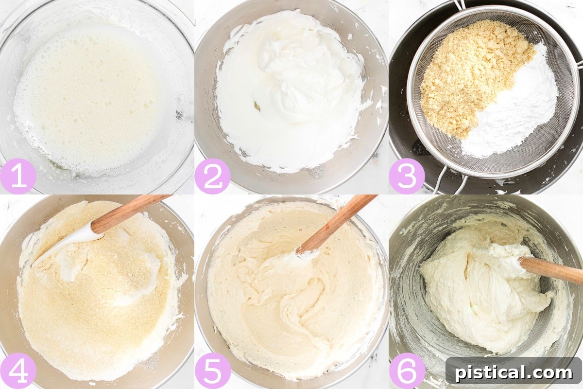 Pastel Easter Macarons 7 six image collage showing how to make french macaron batter.