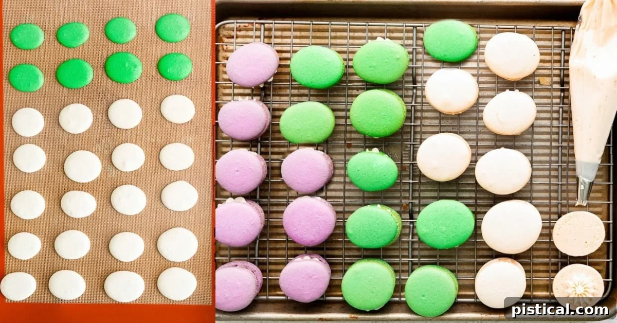 Pastel Easter Macarons 8 baking macarons and assembling in a 2 image collage.