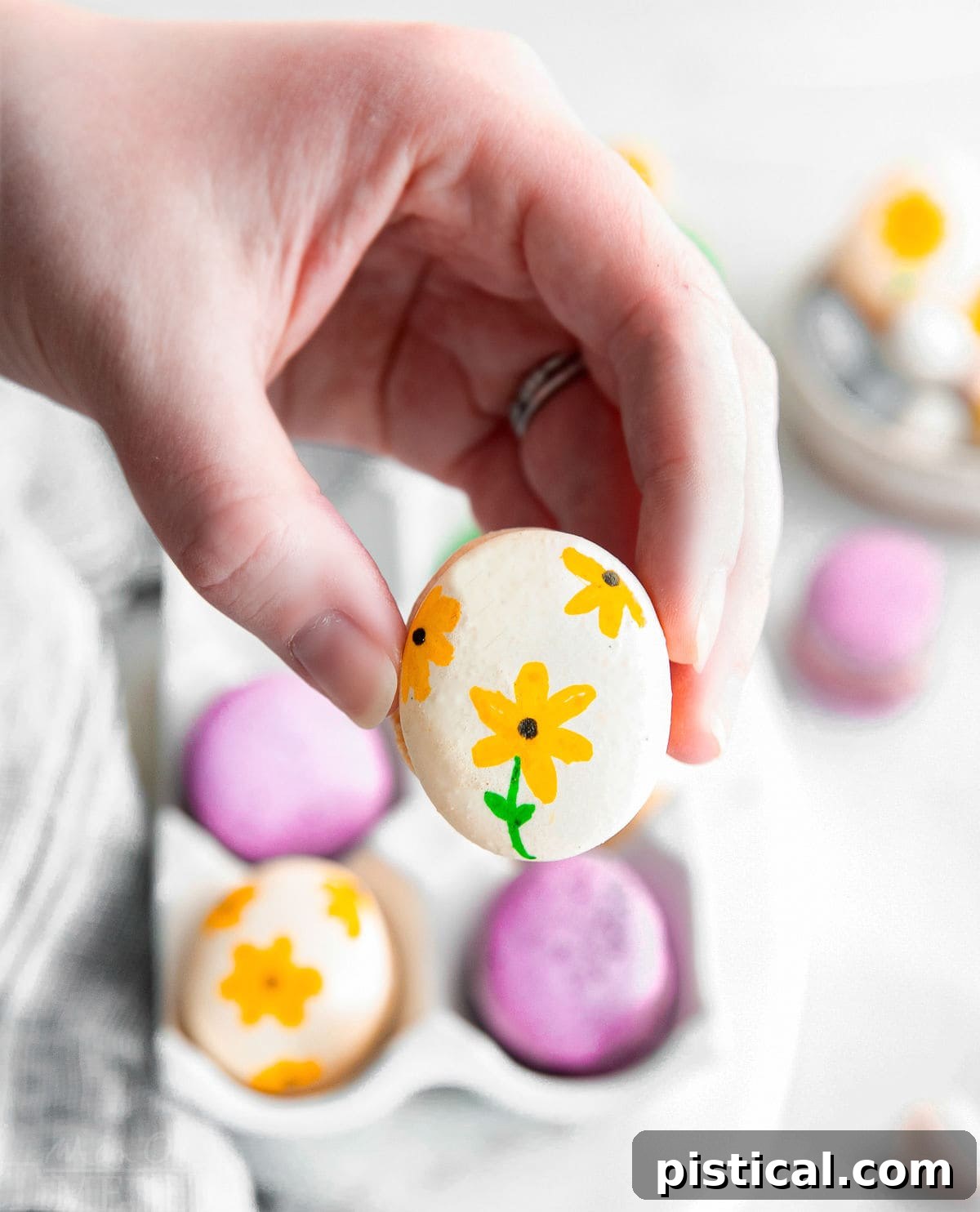 Pastel Easter Macarons 9 hand painted macaron being held.